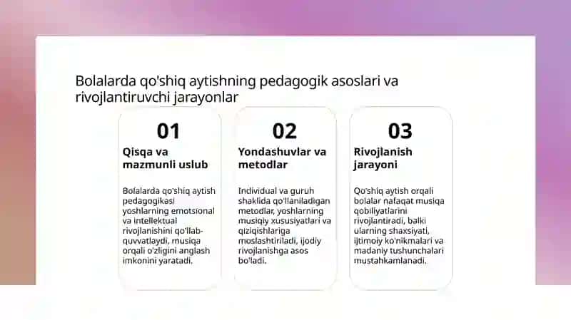 Bolalarni ashula aytish, musiqa tinglash va musiqaviy ritmik harakatlarni o'rgatish 4