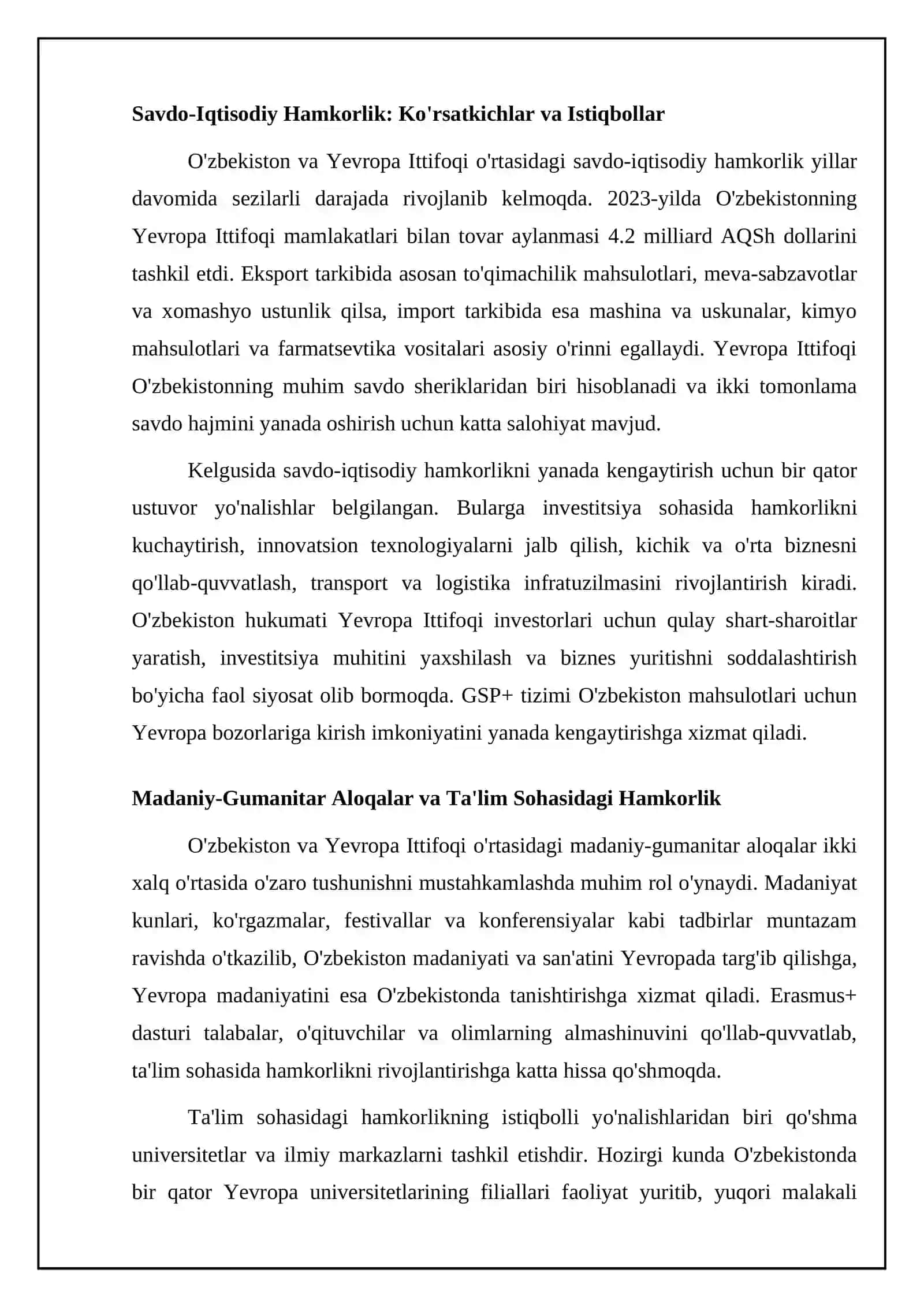 O'zbekiston va Yevropa Ittifoqi: Hamkorlikning asosiy yo'nalishlari 4