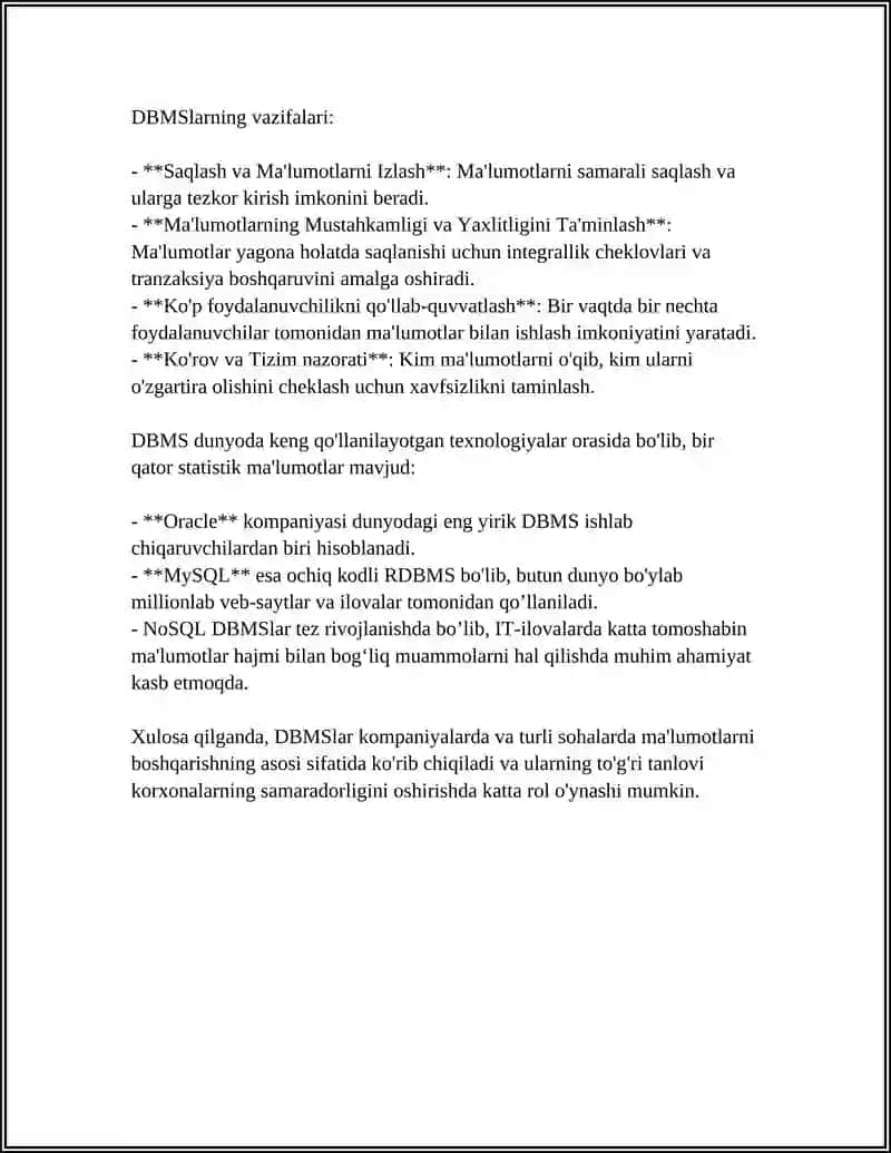 Ma'lumotlar bazalarini boshqarish tizimlari (DBMS) 4