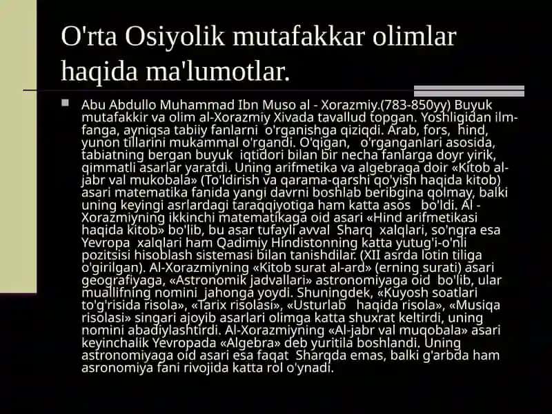 O’rta Osiyo xalqlari hayotida yuz bergan uyg’onish (renessans) davri, ajdodlarimizning jahon sivilizatsiyasiga qo’shgan hissasi (IX-XII, XIV-XV asrlar). 4