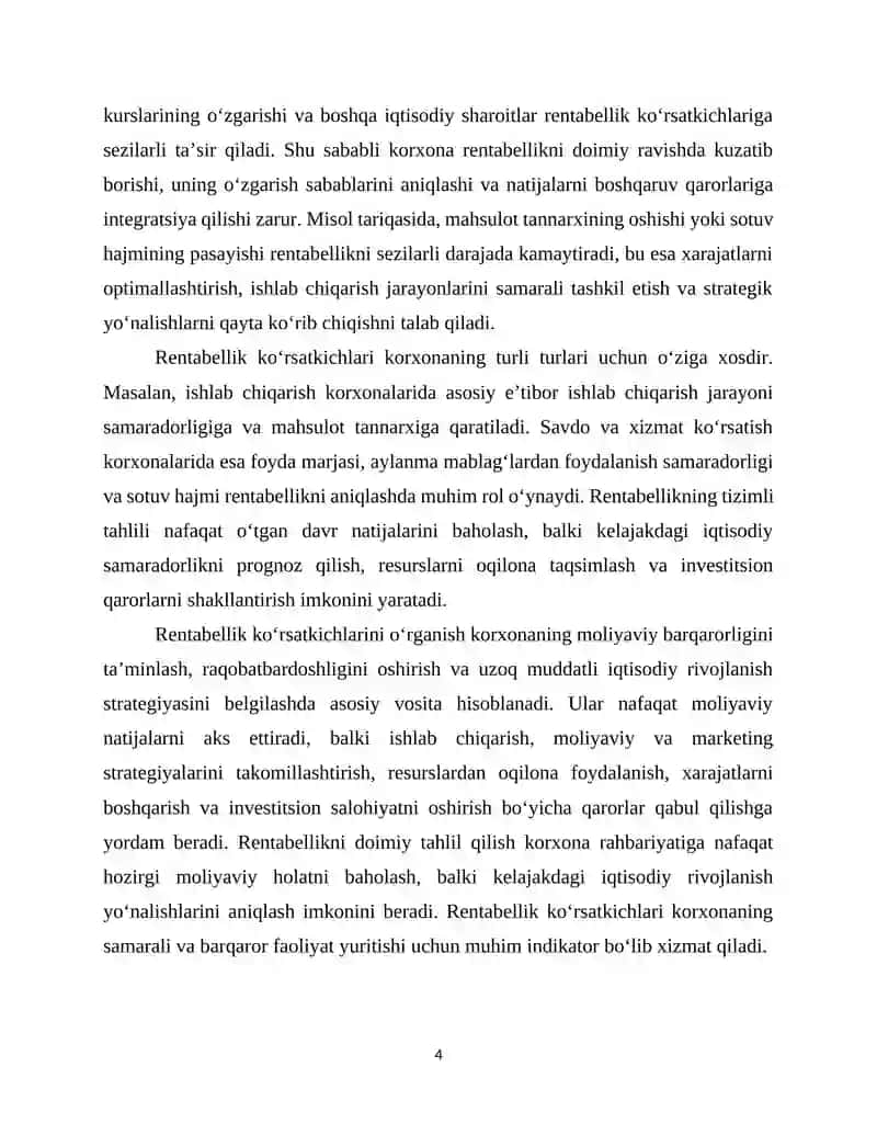 Rentabellik ko‘rsatkichlari va ularning o‘zgarishiga 4