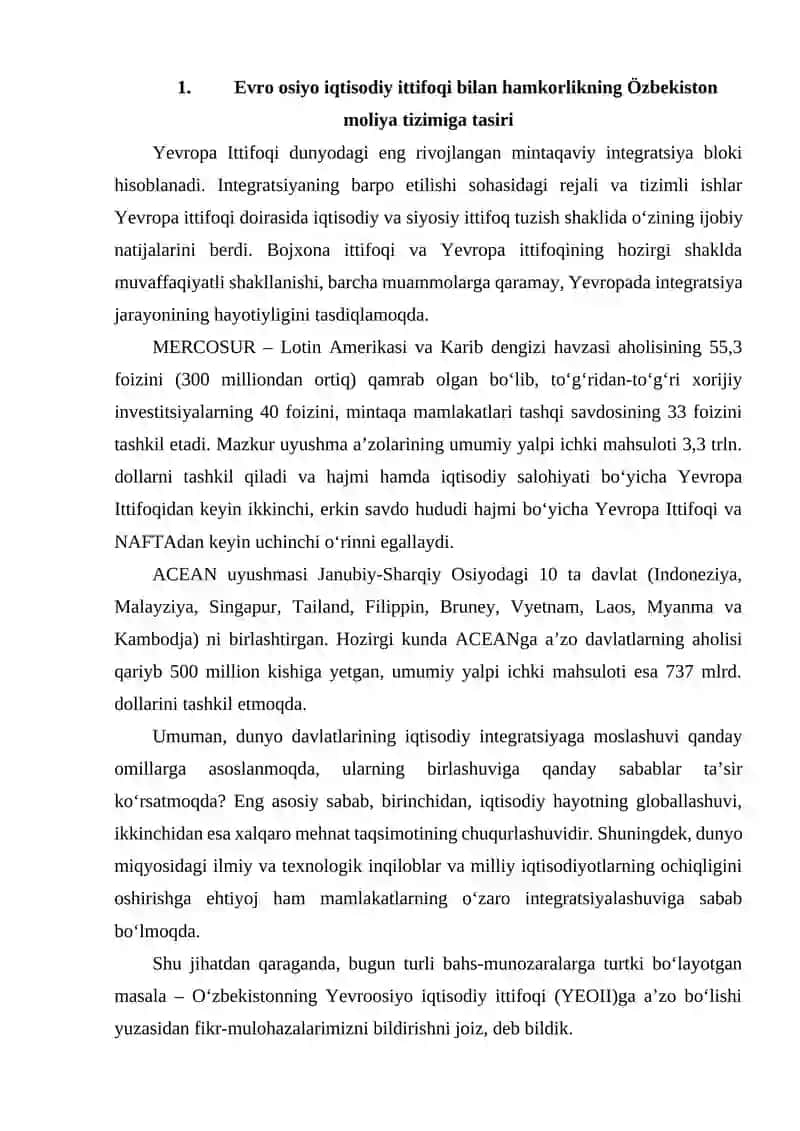 Evro osiyo iqtisodiy ittifoqi bilan hamkorlikning O’zbekiston moliya tizimiga tasiri 4