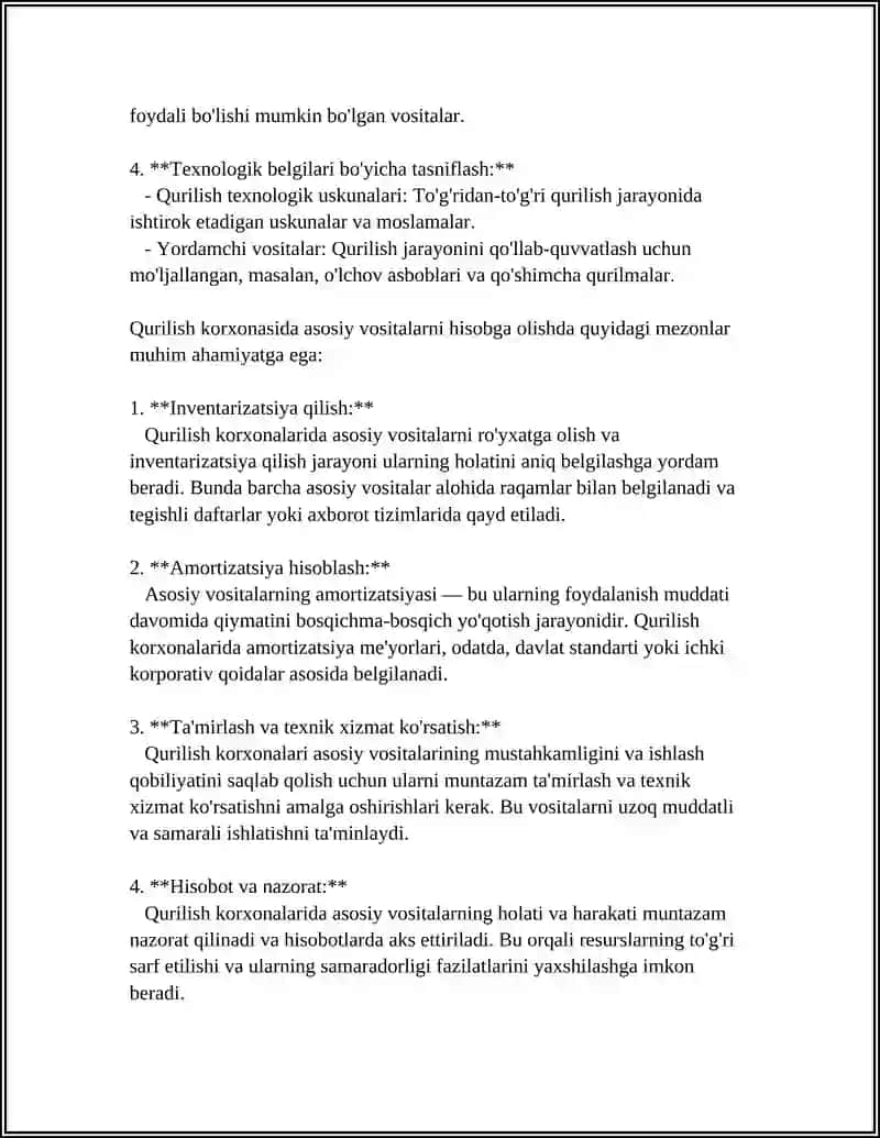 Asosiy vositalarning tasnifi va hisobga olinish mezonlari qurilish korxonasida 4