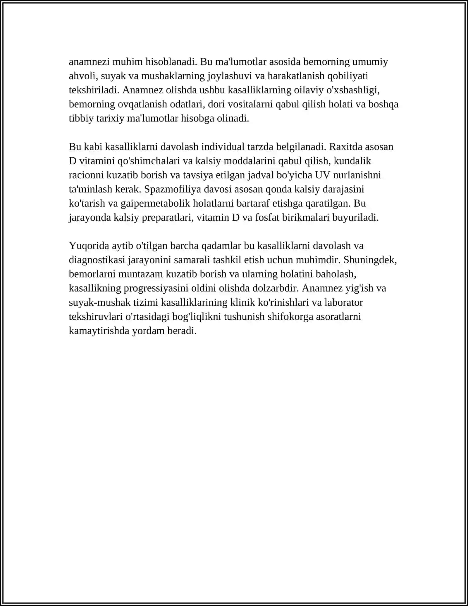 SUYAK – MUSHAK TIZIMINING ASOSIY KASALLIKLARI SEMIOTIKASI. RAXIT KASALLIGI. SPAZMOFILIYA. ETIOLOGIYASI, PATOGENEZI, KLINIK BELGILARI, DIAGNOSTIKASI, QIYOSIY TASHXISI, DAVOSI 4