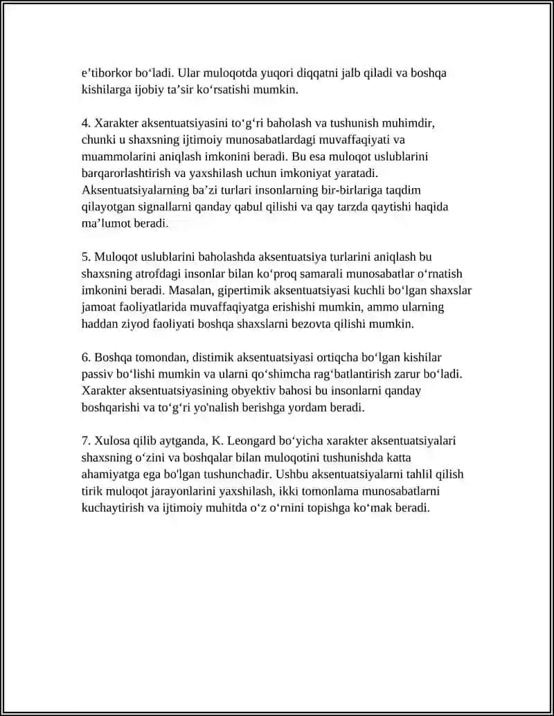 XARAKTER AKSENTUATSIYASI. MULOQOT USLUBLARINI BAHOLASHDA AKSENTUATSIYA-NING MA’LUM TIPLARI 4