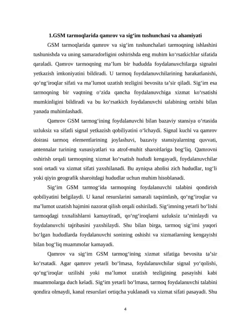 “GSM tarmoqlarida qamrov va sig‘imni oshirish usullari” 4