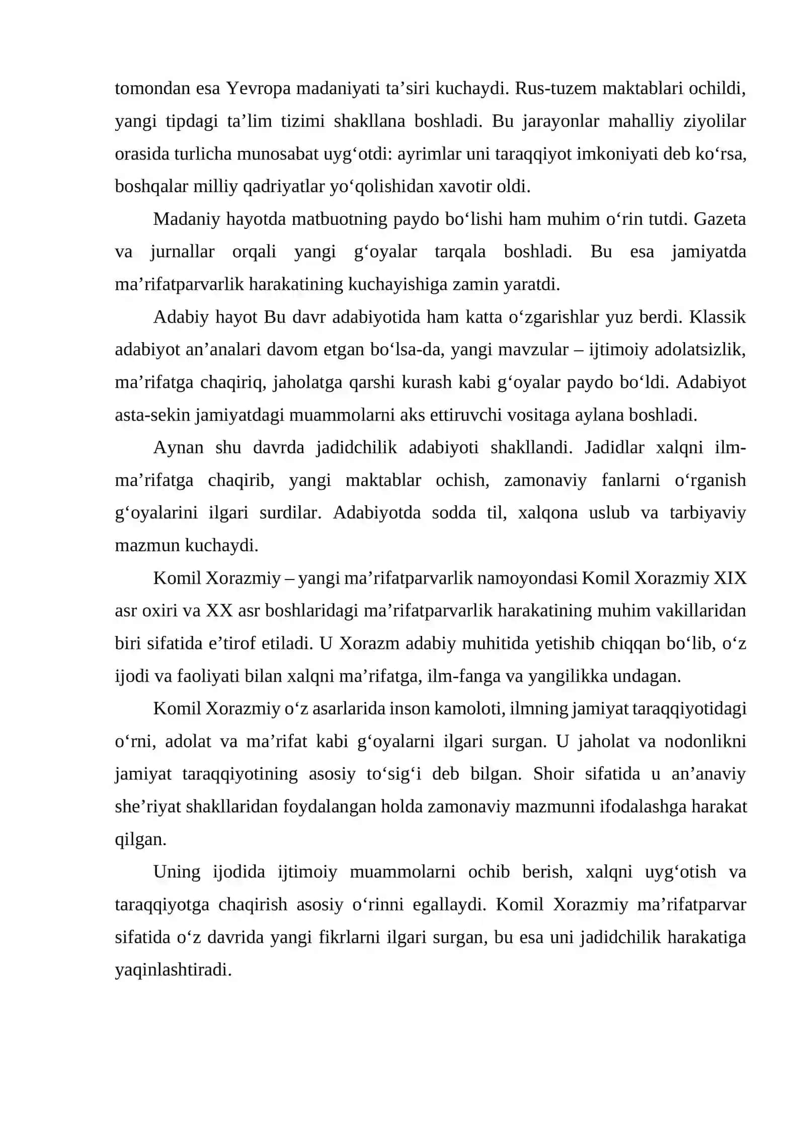 ILK MUSTAMLAKACHILIK DAVRI IJTIMOIY-SIYOSIY MADANIY-ADABIY HAYOT. KOMIL XORAZMIY YANGI MA'RIFATPARVARLIK NAMOYONDASI 4