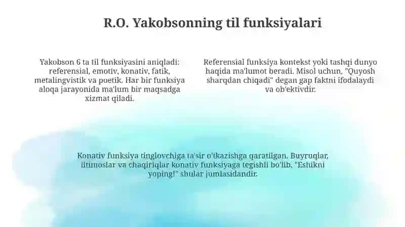 Tilning ijtimoiy vazifalari R.O Yakobson tomonidan ilgari surilgan til funksiyalari 4