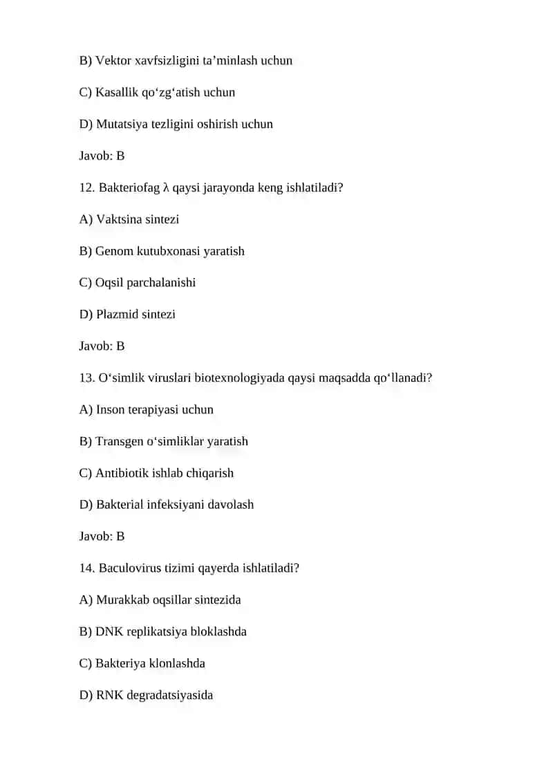 VIRUSLAR VA GEN INJENERIYASI – 30 TA TEST (JAVOBI BILAN) 4