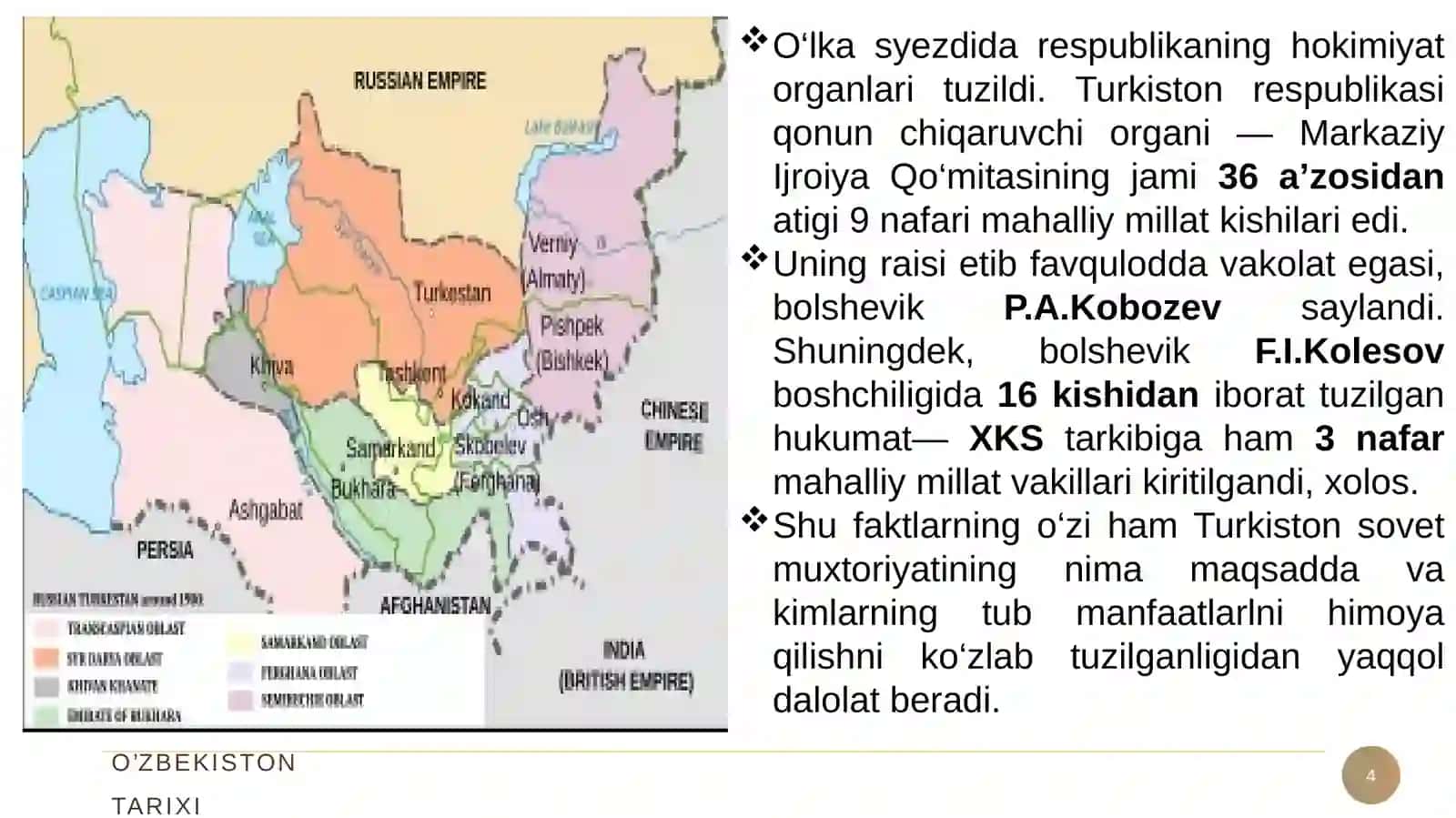 Sovetlar kelgusidamahalliy vatanparvar kuchlarning Turkiston Muxtoriyatiga o‘xshagan xalq hokimiyati boshqaruvini yangidan qayta tiklashiga izn bermaslik uchun sovet hokimiyatchiligiga milliy, mahalliy shakl-shamoyil berishni o‘z oldilariga maqsad qilib qo‘ydilar 4