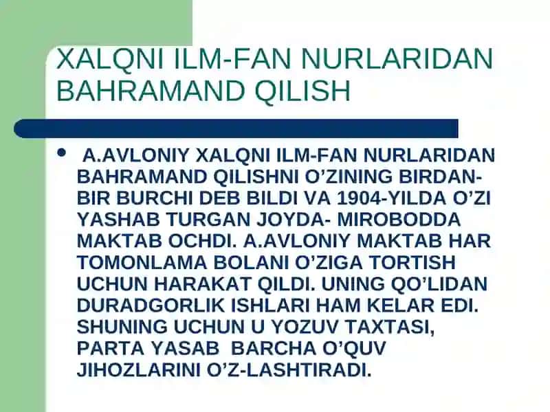 A.Avloniy va M.Qori abdirashidxonning yangi usul maktablari ochishdagi xizmatlari 4