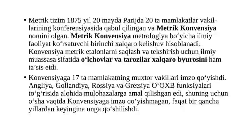 Xalqaro birliklar tizimi SI-sistemasini oʻrganish. “Metrologiya” toʻgʻrisidagi Oʻzbekiston respublikasining qonuni 4