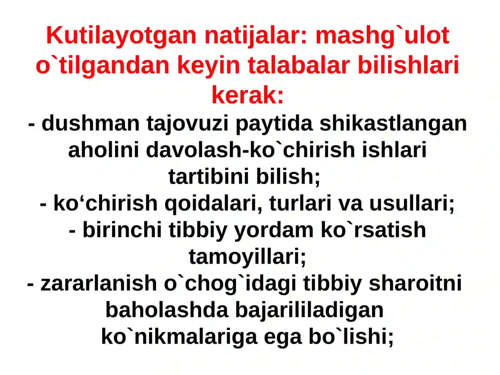 FAVQULOTDA VAZIYATLARDA SHIKASTLANGAN FUQAROLARNI DAVOLASH – EVAKUATSIYA TADBIRLAI (DET) NI TASHKILLASH 4