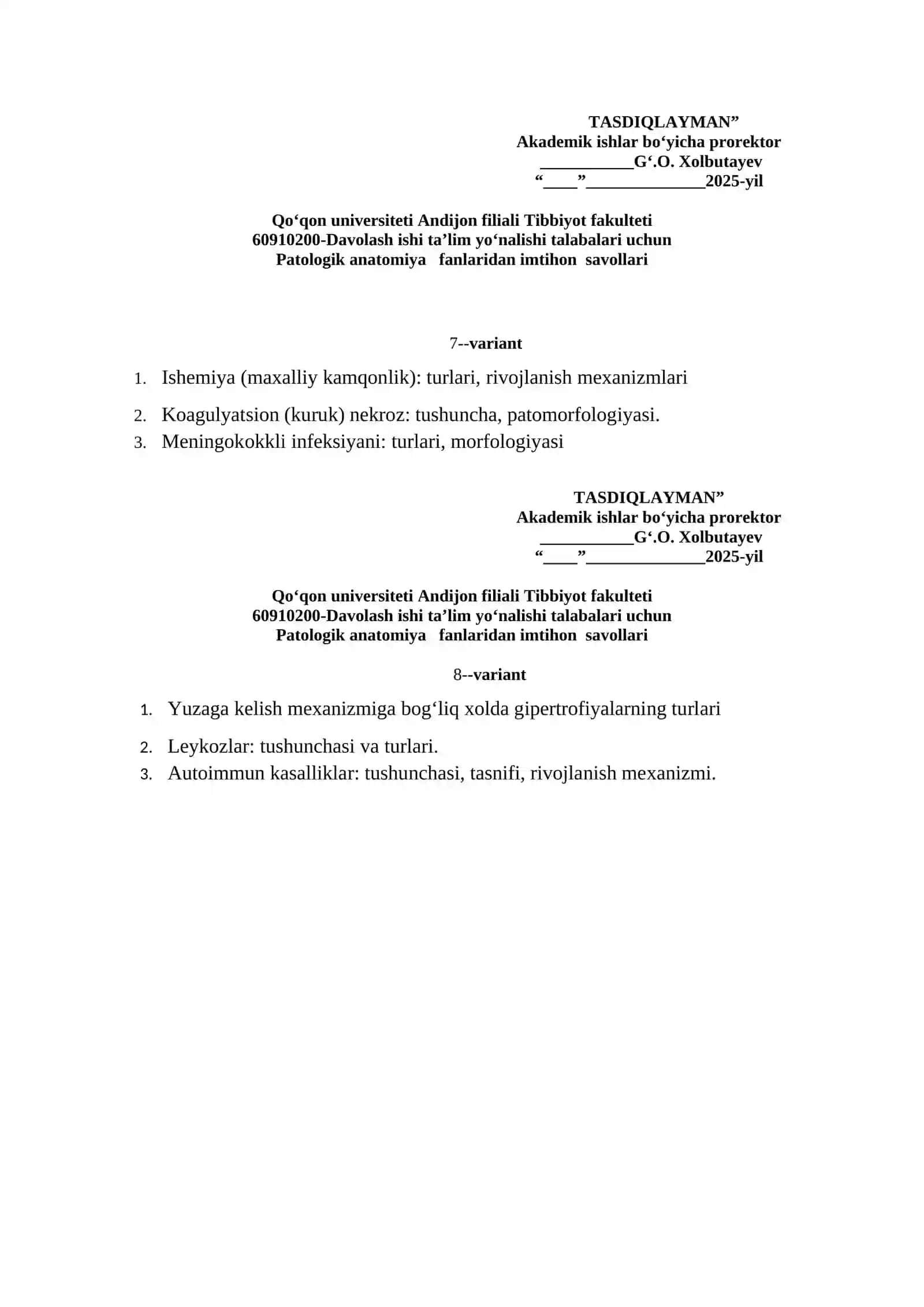 Patologik anatomiya fanlaridan imtihon savollari 4