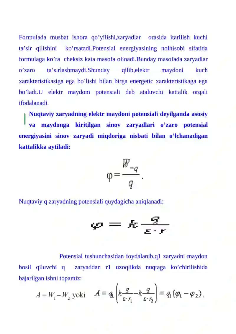 Nuqtaviy zaryad maydoning potensiali. Potensiallar farqi 4