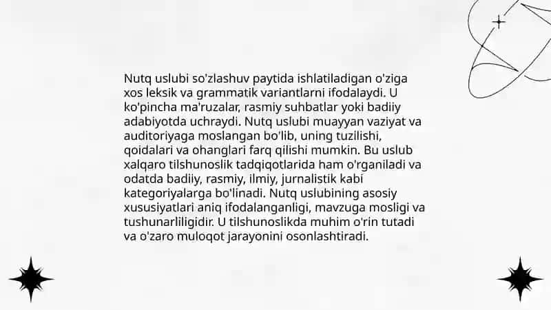 Ona tili va punktuatsiyaning asosiy tamoyillari Nutq uslubi Gap boʻlaklari sanalmaydigan birliklar Undalma va uning xususiyatlari Bir bosh boʻlakli va ikki bosh boʻlakli gaplar Sabab oʻxshatish shartli toʻsiqsiz natija ergash gapli qoʻshma gap 4