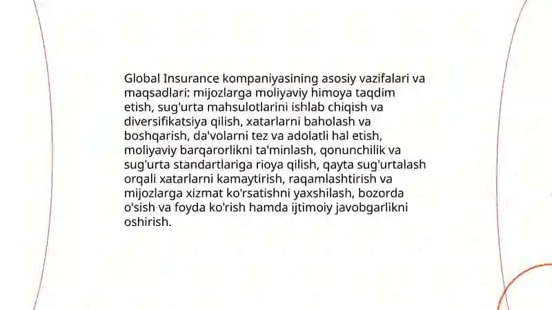 Global insurance Sugʻurta kompaniyasi haqida, qachon tashkil topgan, vazifalari qanday 4