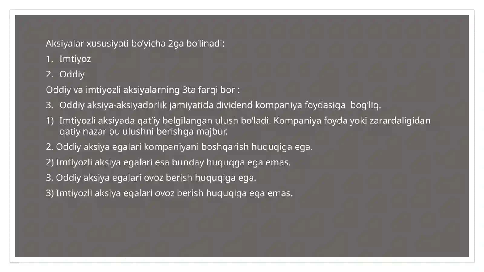 Oddiy aksiyalar xususiyatlari va baholash 4