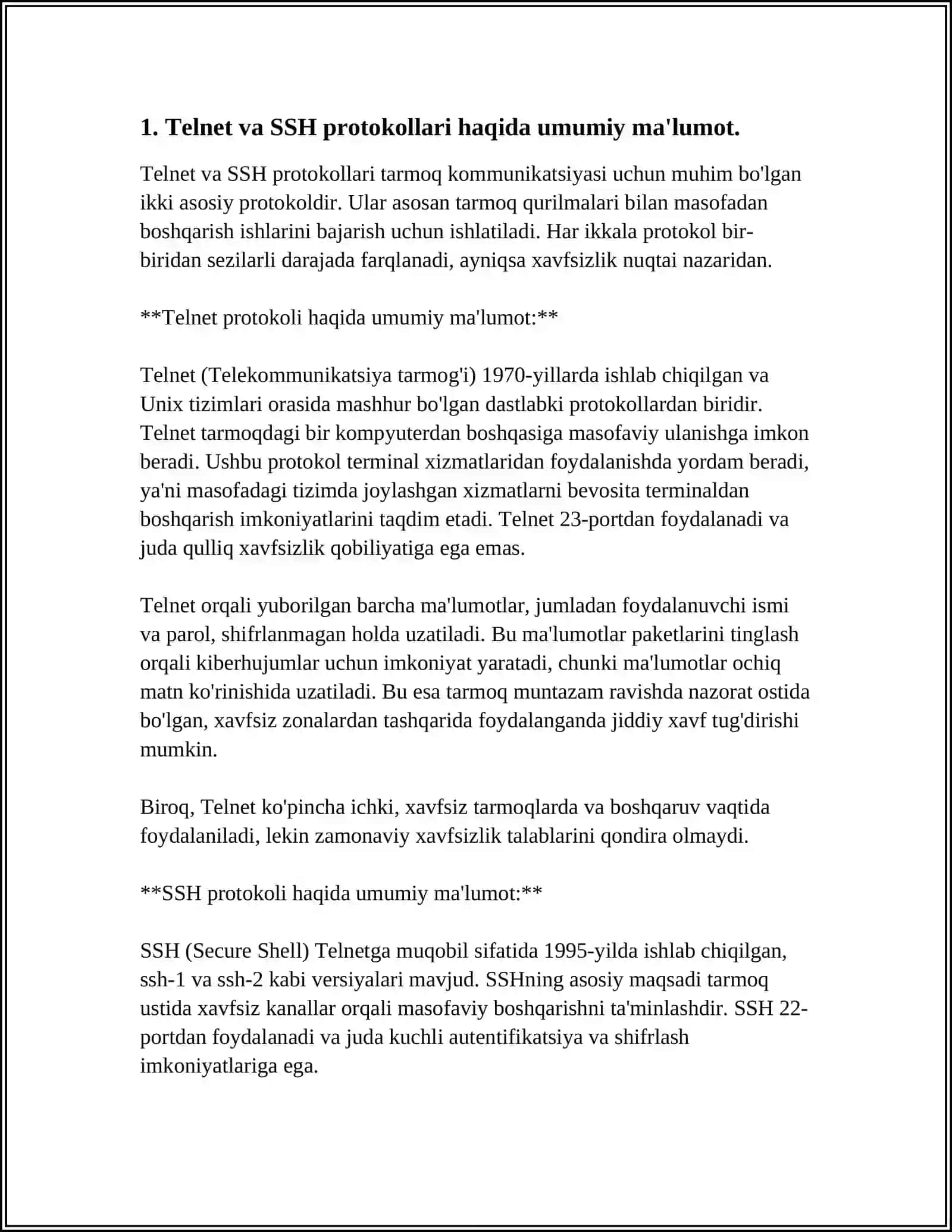 SISKO PAKET TRASER DASTURIDA TELNET, SSH PROTOKOLI BILAN ISHLASH 4