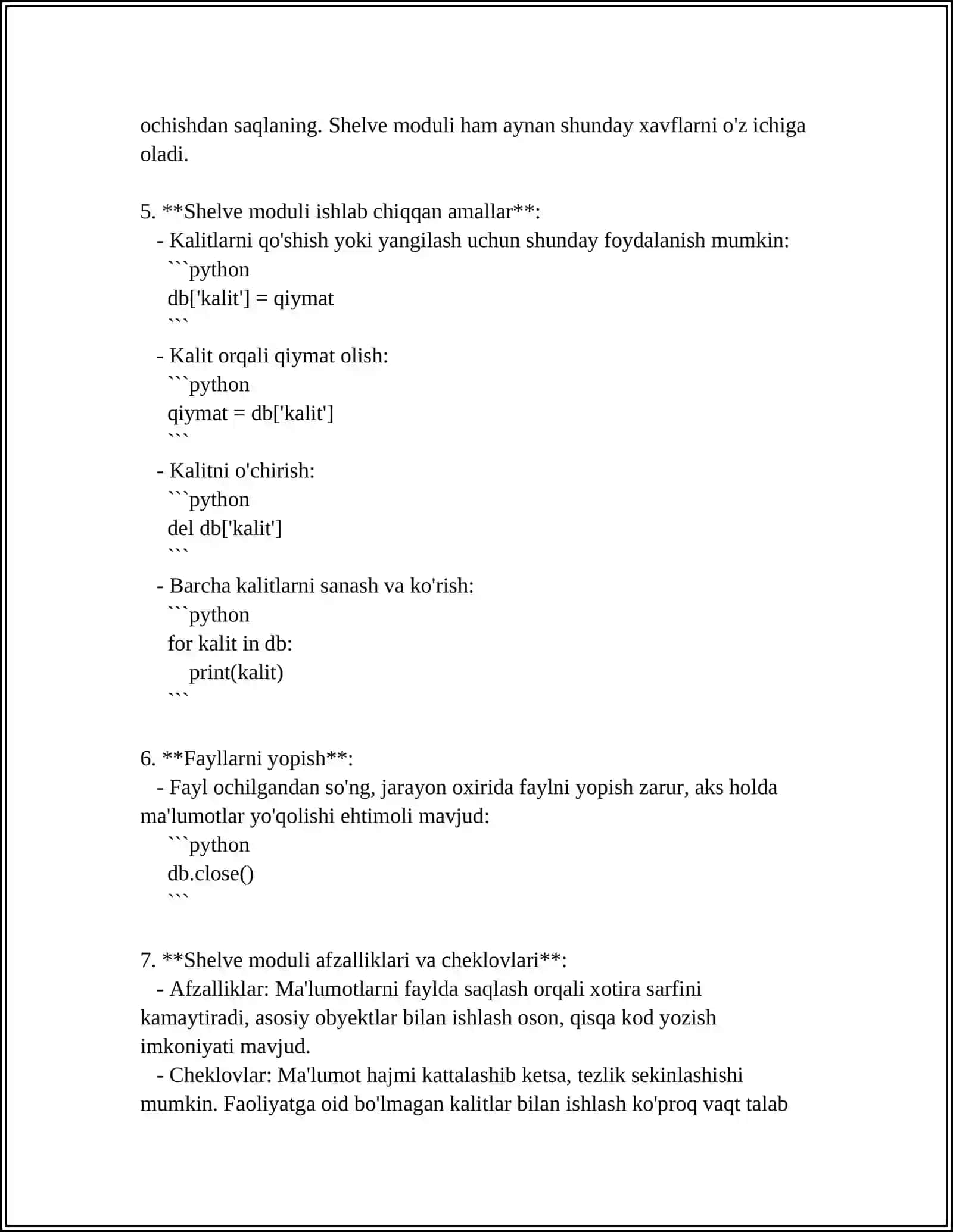 PYTHON DASTURLASH TILIDA SHELVE MODULI HAQIDA 4