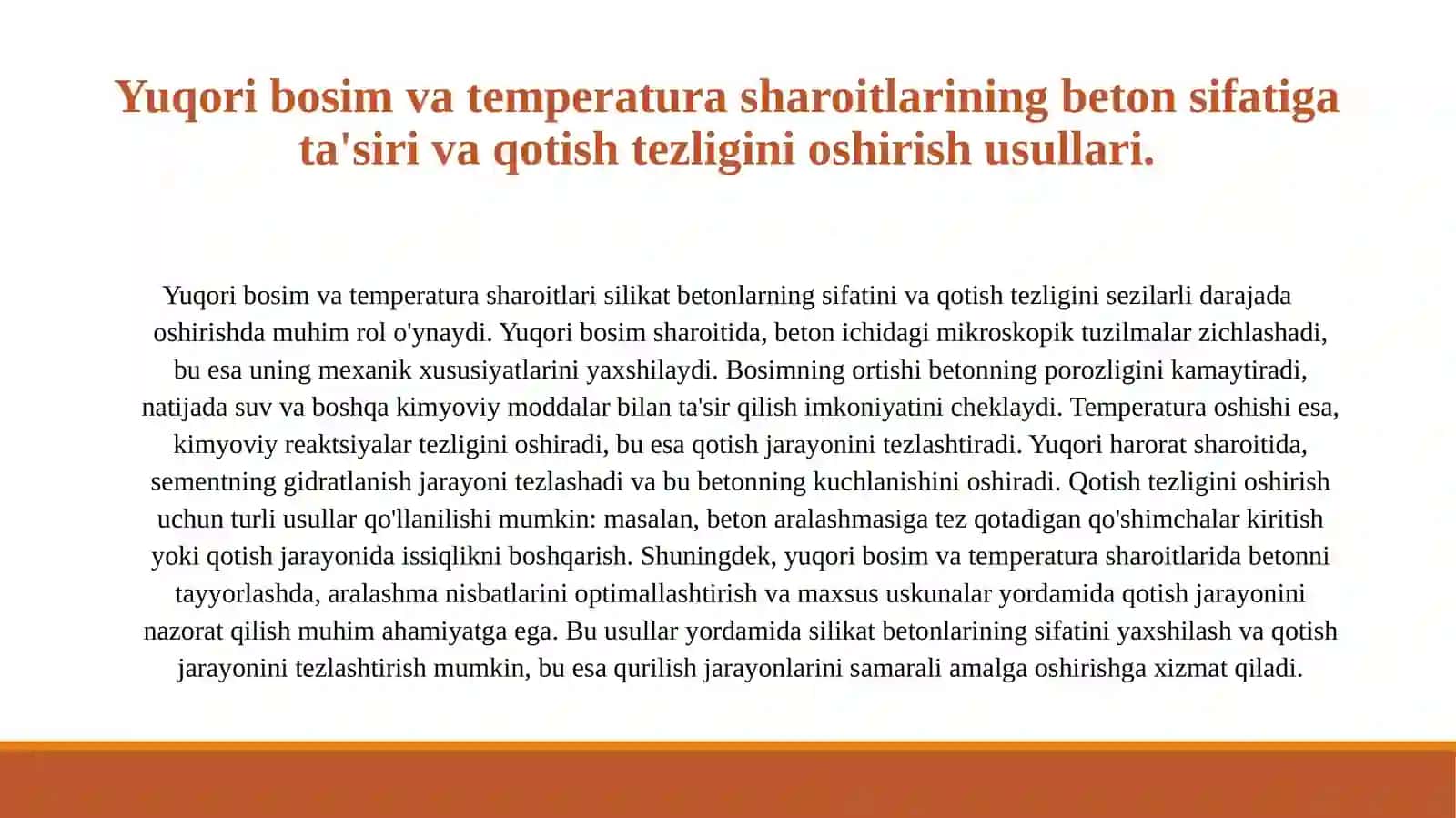 Silikаt betonlаrni yuqori bosim vа temperаturа yordаmidа qotishini tezlаshtirish. 4