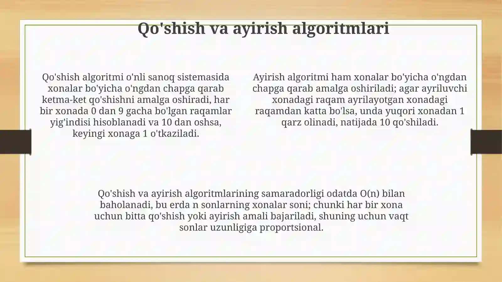 Oʻnli sanoq sistemasidagi nomanfiy butun sonlarni arifmetik amallarning algoritmi 4