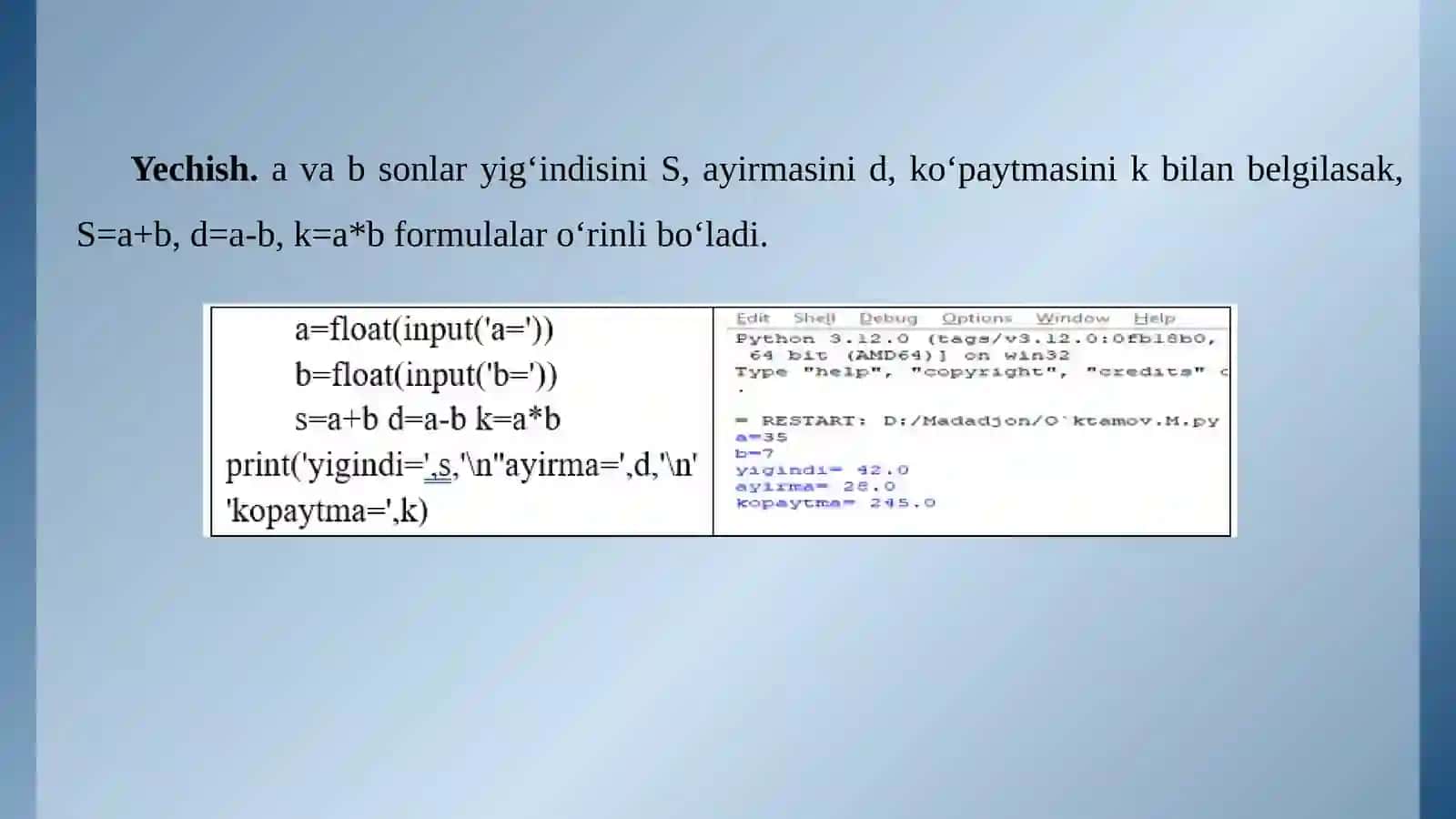 Pythоn dаsturlаsh tilidа сhiziqli, tаrmоqlаnuvсhi, tаkrоrlаnuvсhi jаrаyоnlаrni dаsturlаsh 4