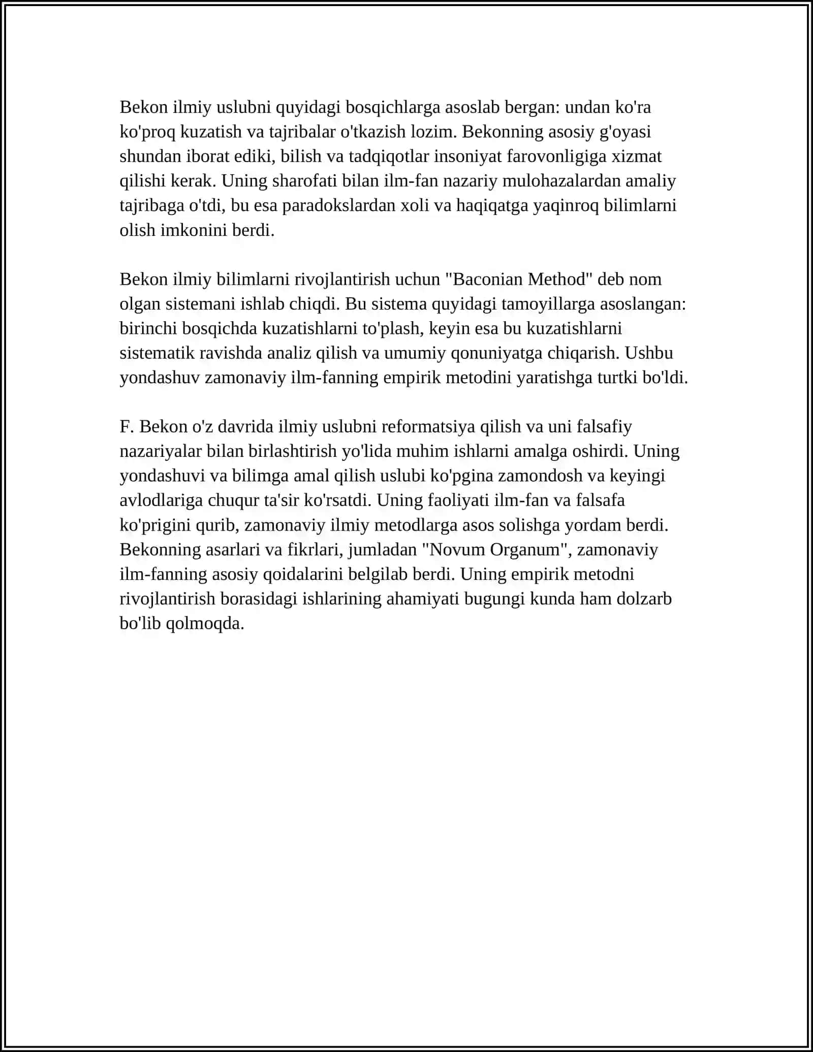 MUSTAQIL ISH Mavzu: F. BEKONNING BUTLAR NAZARIYASI 4