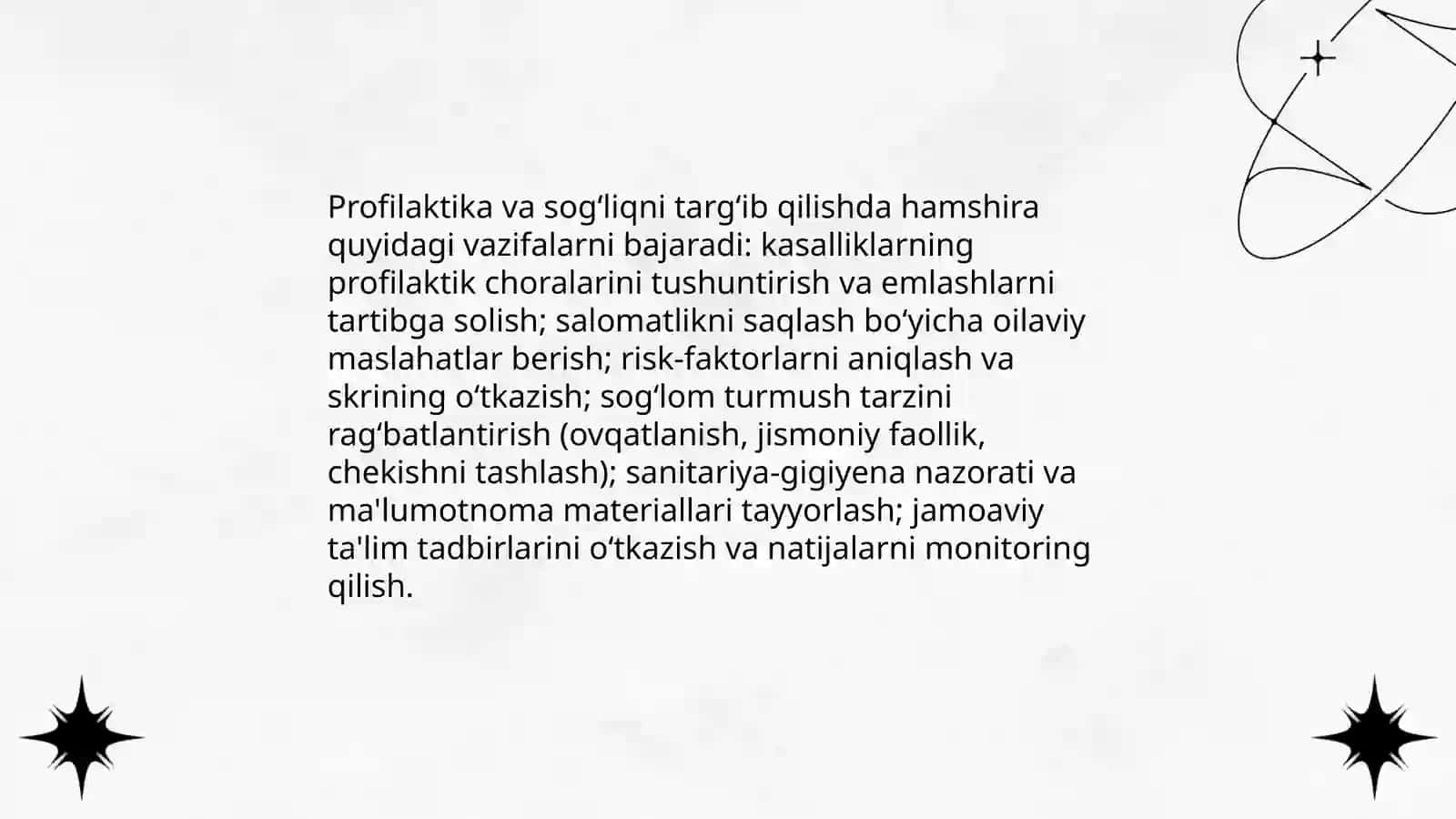 Aholiga birlamchi tibbiy sanitariya yordamini tashkil etish faoliyatida hamshiralarni oʻrni 4