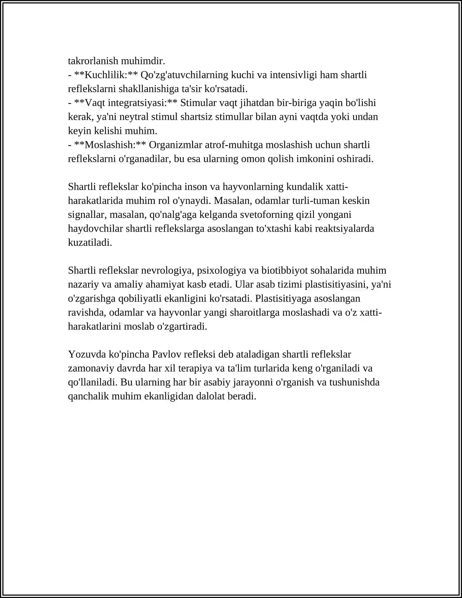 ASAB TIZIMI OLIY BO'LIMLARINING VAZIFALARI. SHARTLI REFLEKSLAR 4