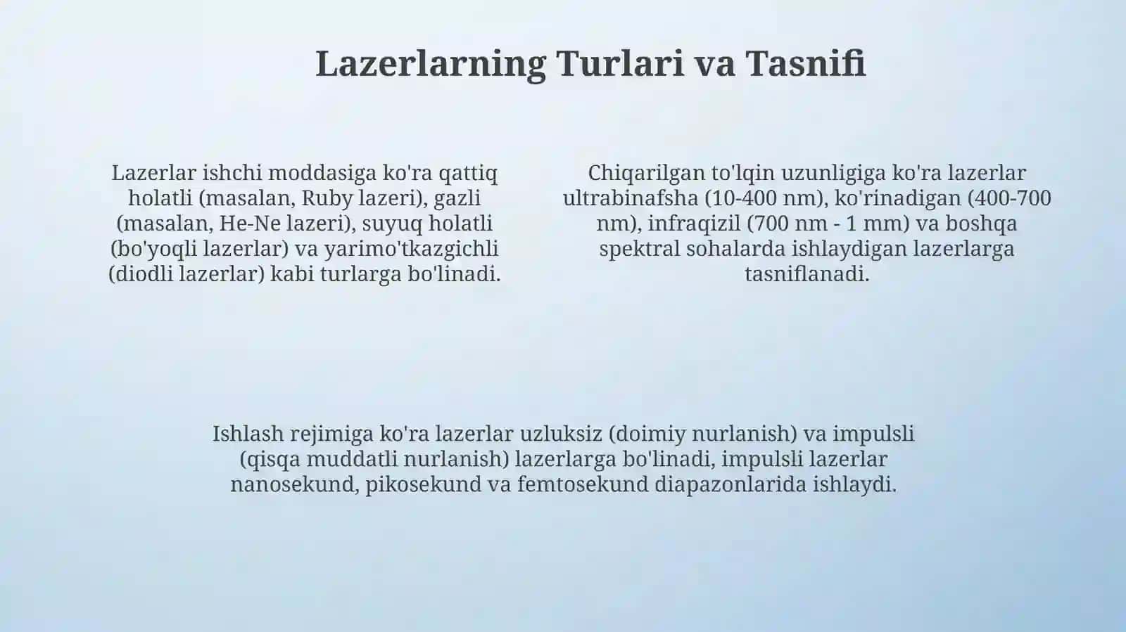 Лазерлар. ОКГваунингтурлари.Лазернурларинихоссалариватиббийотдаколланишйоналишлари 4