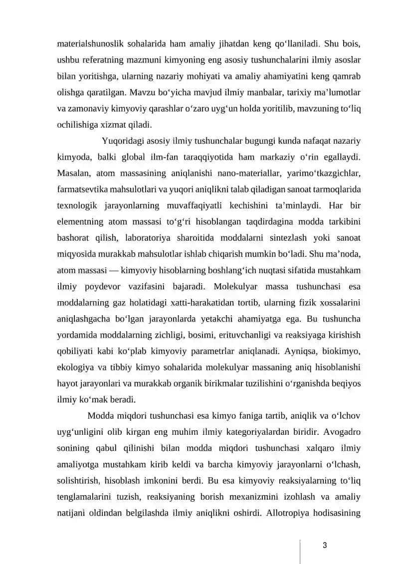 KIMYONING ASOSIY TUSHUNCHALARI. ATOM MASSA. MOLEKULYAR MASSA. MODDA MIQDORI VA ALLOTROPIYA. 4