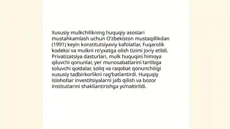 O’zbekistinda islohotlar, xususiy mulkchilikning shakillanishi va bozor munosabatlarining rivojlanishi 4