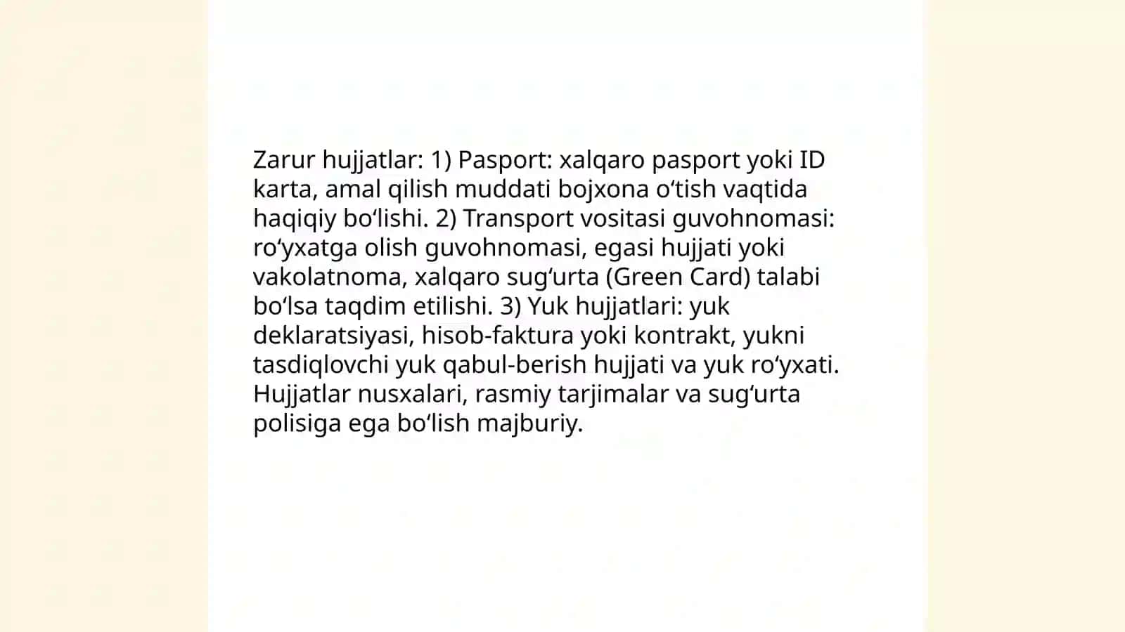 Xorijiy Avtomobillarni O'zbekiston Bojxona Chegarasidan O'tkazish Tartibi 4