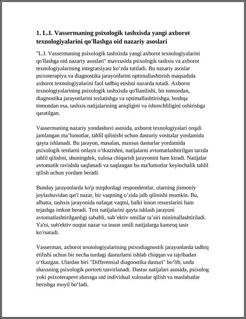L.I.VASSERMANING PSIXOLOGIK TASHXISDA YANGI AXBOROT TEXNOLOGIYALARINI QÕLLASH BÕYICHA TASAVVURLARINI ÕRGANISH 4