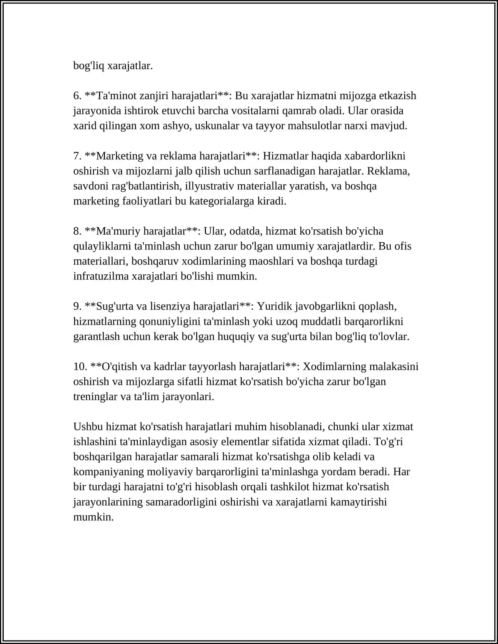 Hizmat ko'rsatish harajatlari turlari 4
