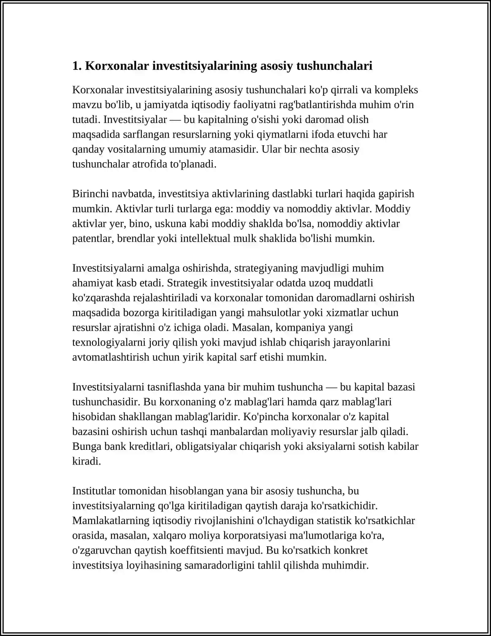 Korxonalar investitsiyalarining mo'hiyati, ahamiyati va turkumlanishi 4