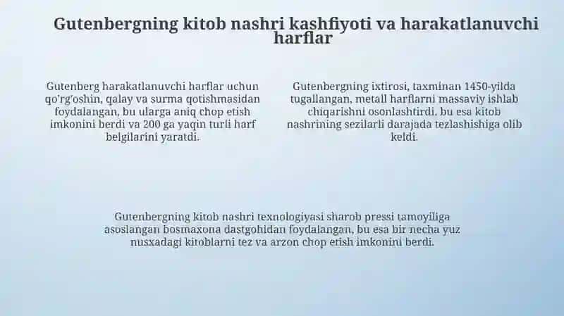 Kitob nashr qilinishining kashf qilinishi Gutenberk va uning amaliy ahamiyati 4