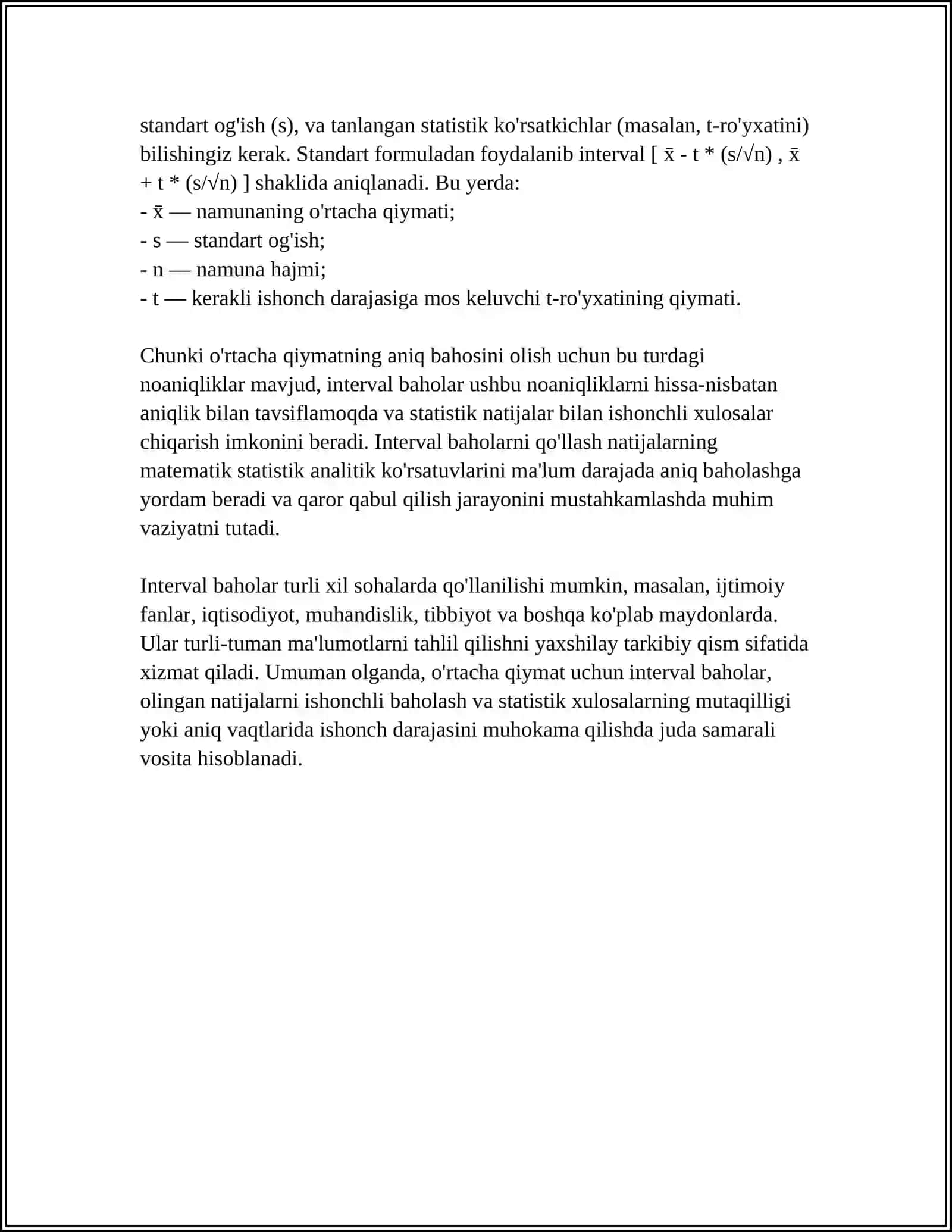 MUHIM TAQSIMOTLAR PARAMETRLARI UCHUN INTERVAL BAHOLAR TERISH 4