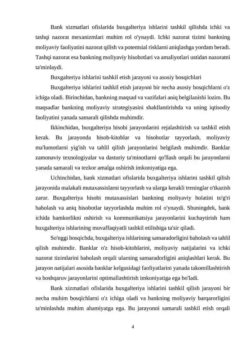 BANK XIZMATLARI OFISLARIDA BUXGALTERIYA ISHLARINI TASHKIL QILISH ASOSLARI. Kirish 4