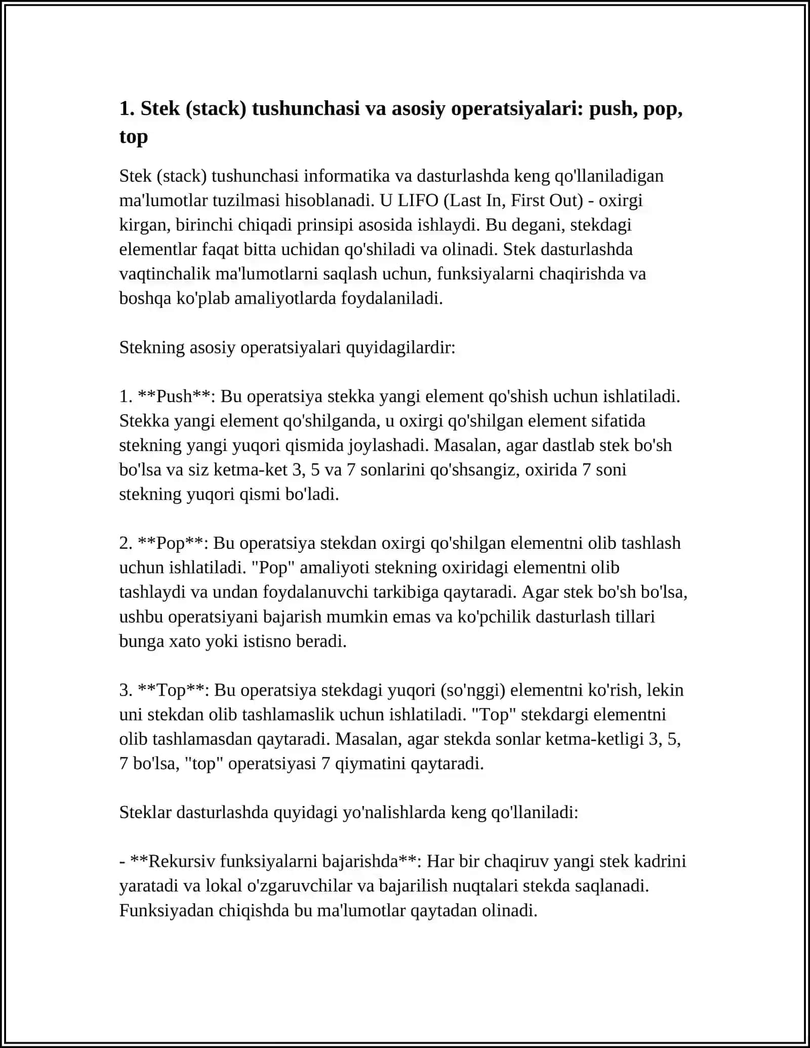 STEK. STEKNI MASSIV YORDAMIDA TASVIRLASH VA ULAR USTIDA AMAL BAJARISH ALGORITMLARI 4