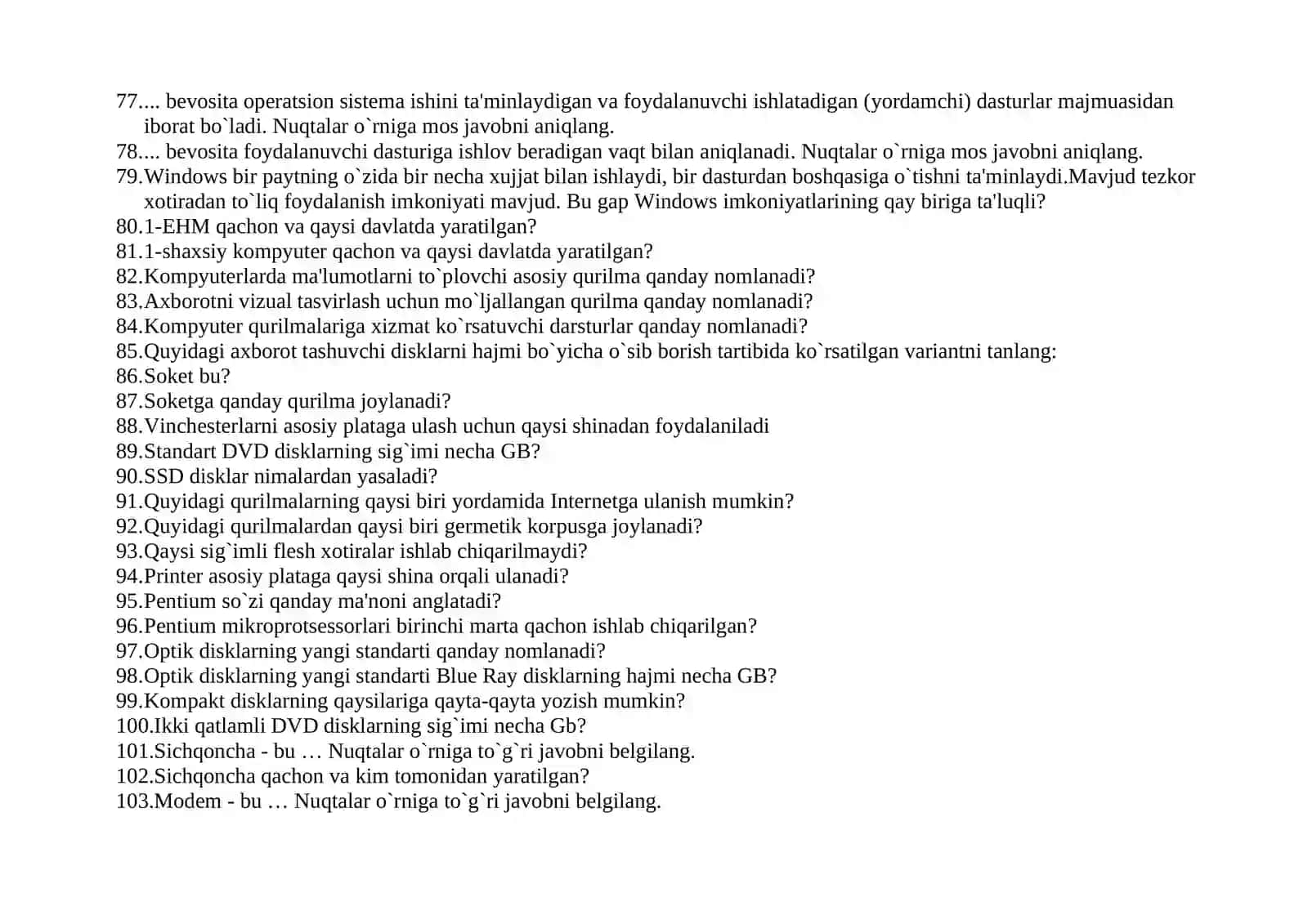 KOMPYUTER TA’MINOTI FANIDAN ORALIQ NAZORAT TESTI SAVOLLARI 4