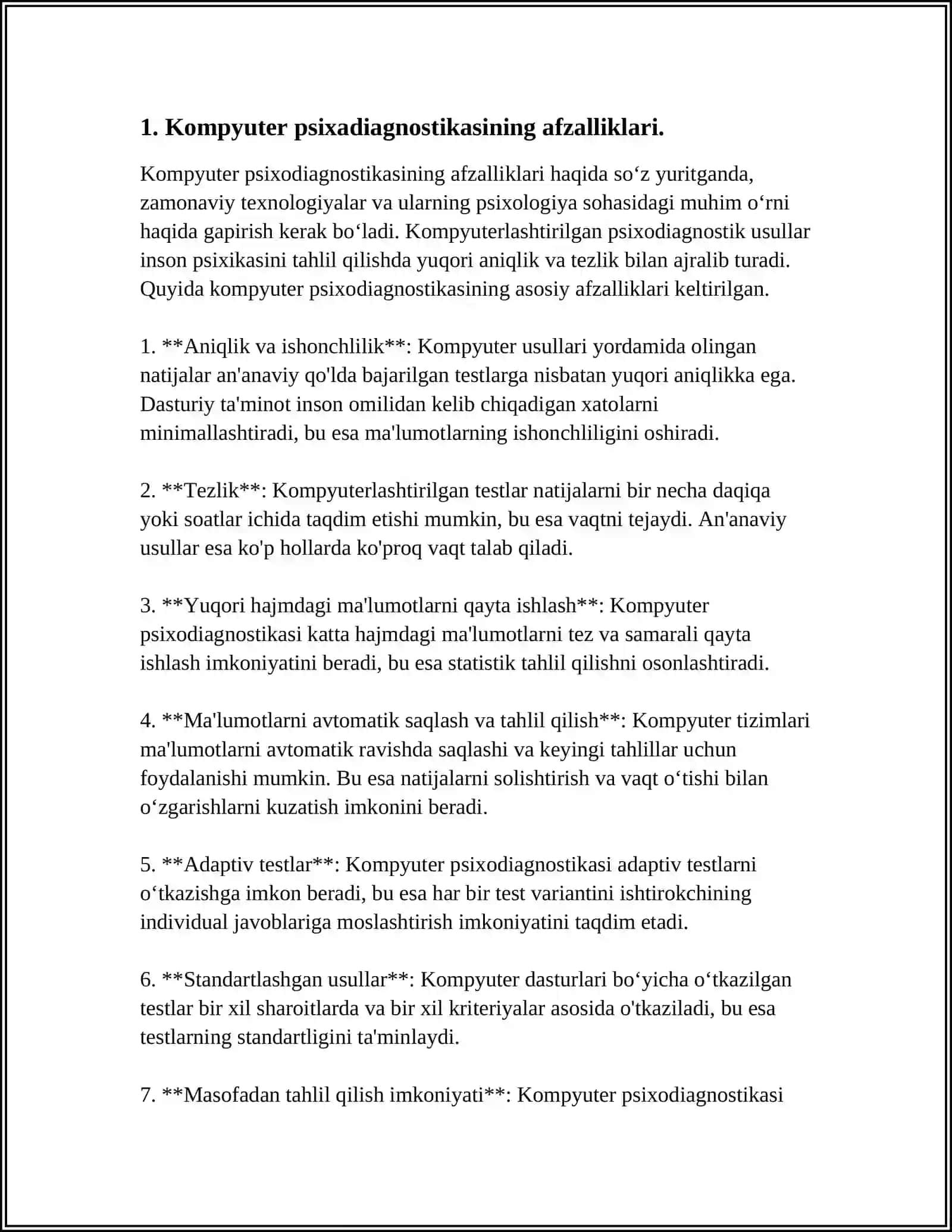 KOMPYUTER PSIXADIOGNOSTIKASINING YUTUQ VA KAMCHILIKLARI. PSIXOMETRIKADA ME'YOR MUAMMOSI VA TEST TARKIBLARINING XUSUSIYATLARI 4