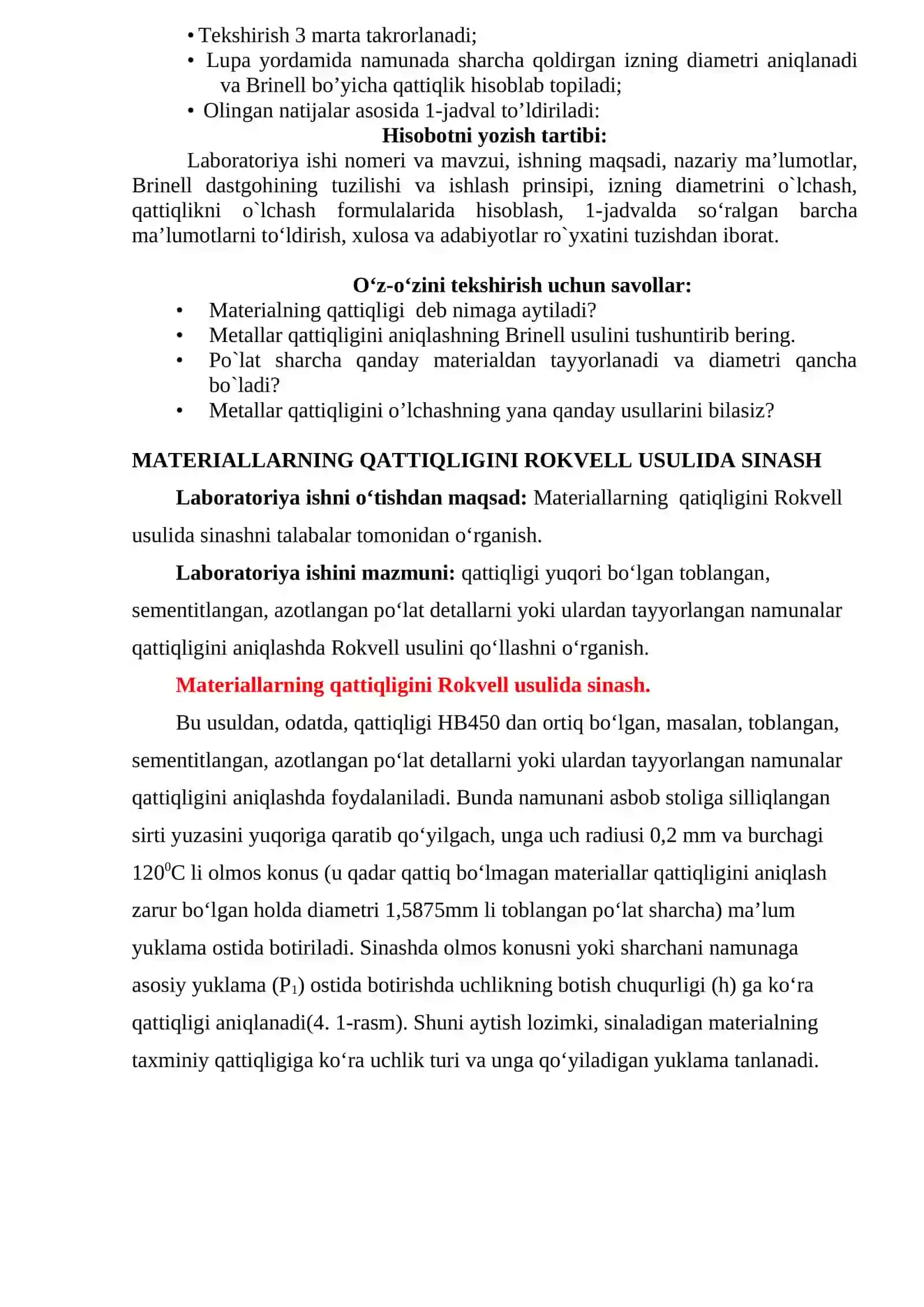 Konstruksion materiallarning qattiqligini Brinell va Rokvel usulida sinash 4