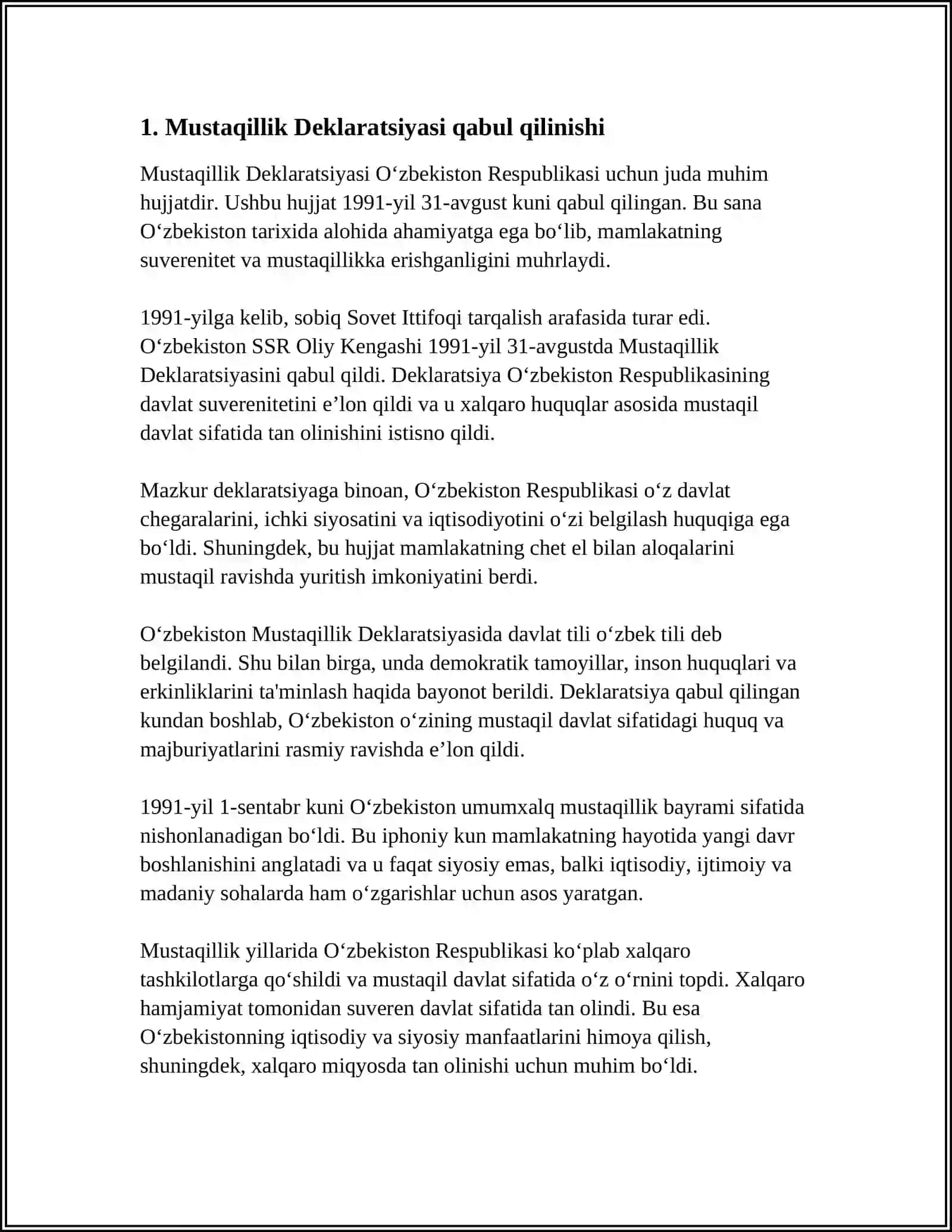 MUSTAQIL O'ZBEKISTON RESPUBLIKASI TASHKIL TOPISHINING TARIXIY AHAMIYATI 4