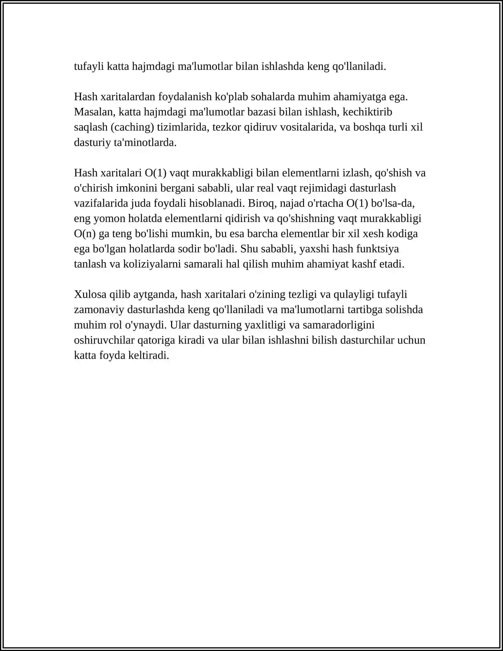 MA’LUMOT TUZILMALARINI AMALDA QO‘LLASH HASH MAP: HASH MAP YARATISH VA COLLISION HANDLING METODLARINI (CHAINING, OPEN ADDRESSING) QO‘LLAB-QUVVATLASH. MISOL SIFATIDA 70 TA ELEMENT BILAN HASH MAP YARATISH 4