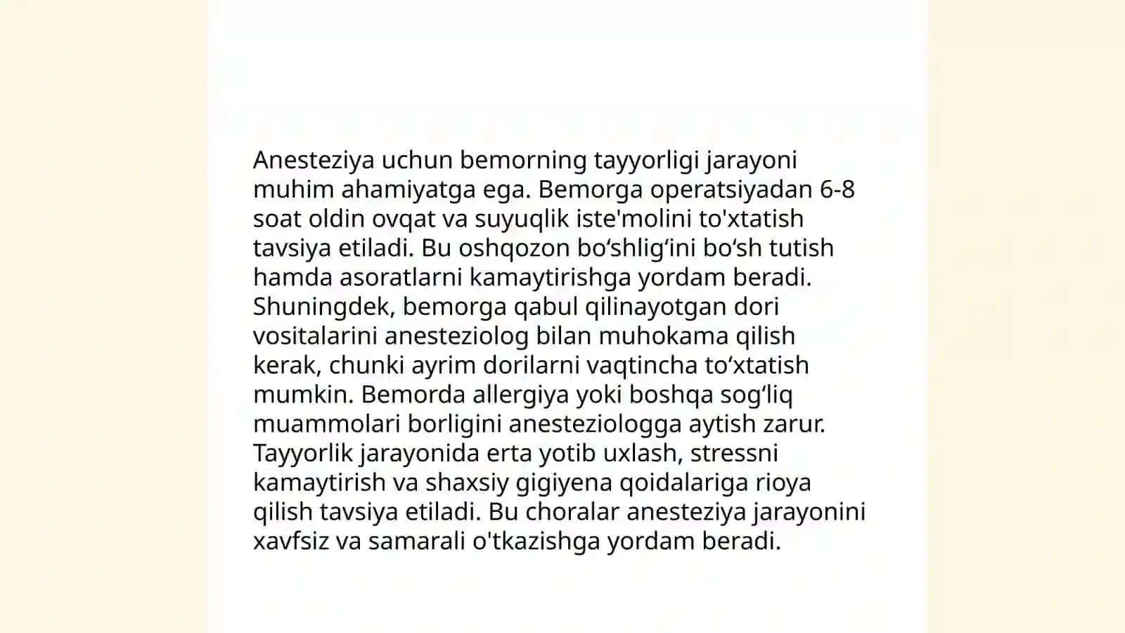 Operatsiyadan oldingi davri bemorlarni operatsiyaga tayyorlash usullari 4