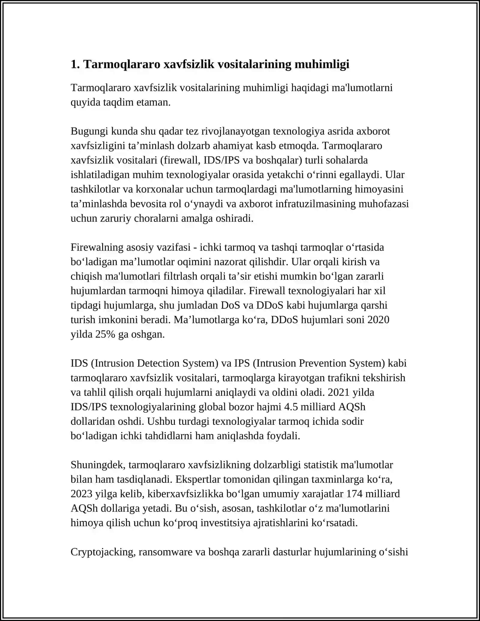 TARMOQ XAVFSZLIGINI TAMINLOVCHI VOSITALAR TARMOQLARARO ERKINLASH VERTUAL XUSUSIY TARMOQLAR SUQILIB KIRISHINI ANIQLASH TIZIMLARI INTRUSION DITICTION SYSTINS IDS MALUMOTLARNING SIRQIB CHIQISHINI OLDINI OLISH TIZIMLARI DATA LEAKAGE PREVANTION DLP YOLG'ON NISHONLAR YOKE TUZOQLAR HONEYPOT.(2SOAT) 4