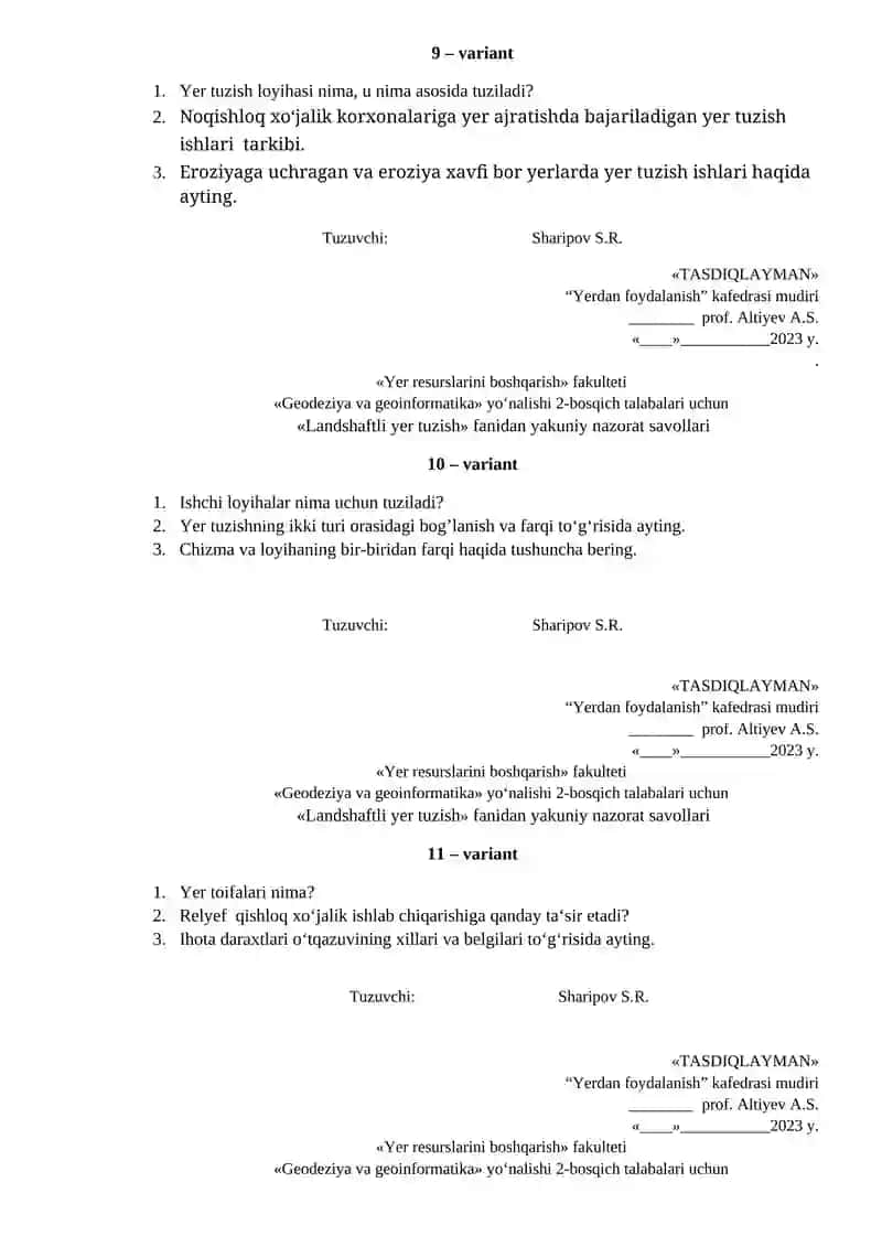 «Landshaftli yer tuzish» fanidan yakuniy nazorat savollari 4