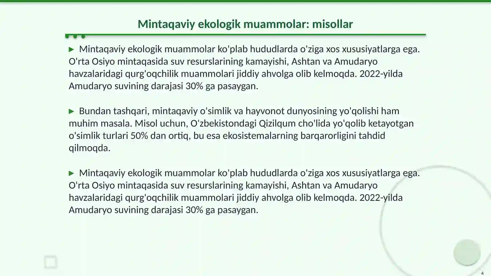 Global, mintaqaviy hamda mahalliy miqyosdagi ekologik muammolar 4